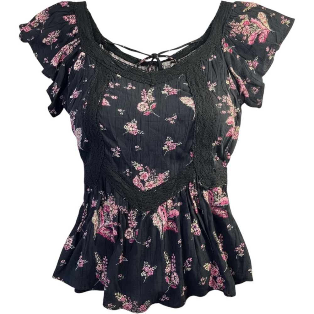 Angie Boho Floral Crochet Lace Trim Flutter Sleeve Tie Back Top 1X Black Pink